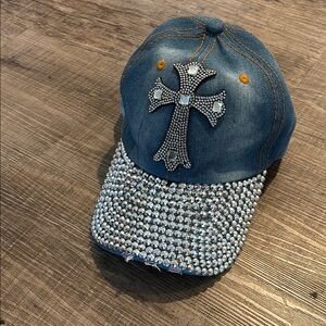 Denim and Silver Embellished Hat with Cross Design